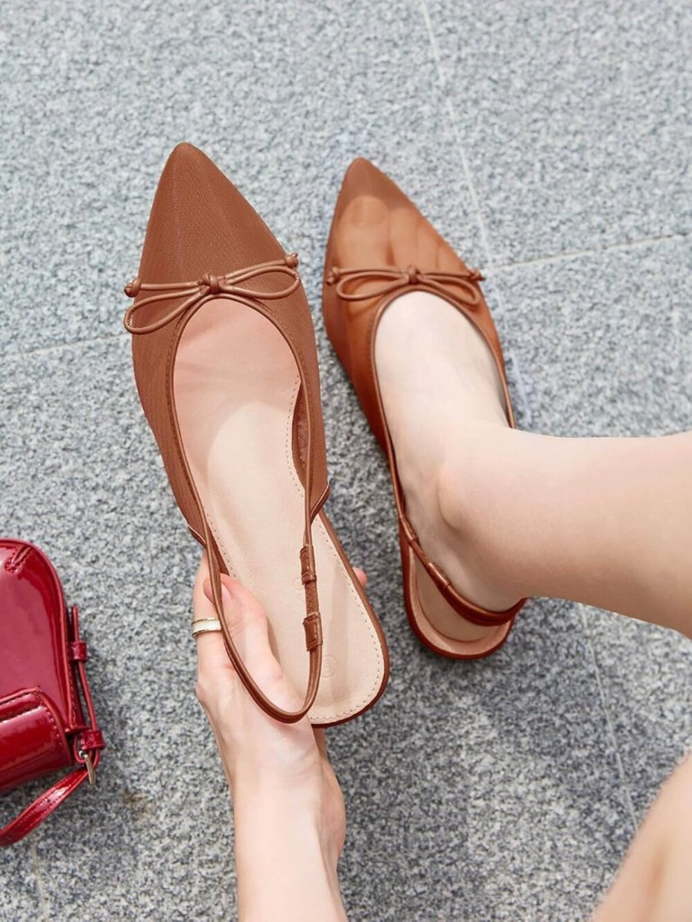 〽️Women's Brown Flats Bow Closed Pointed Toe Low Heel Slingback Sandals Shoes
